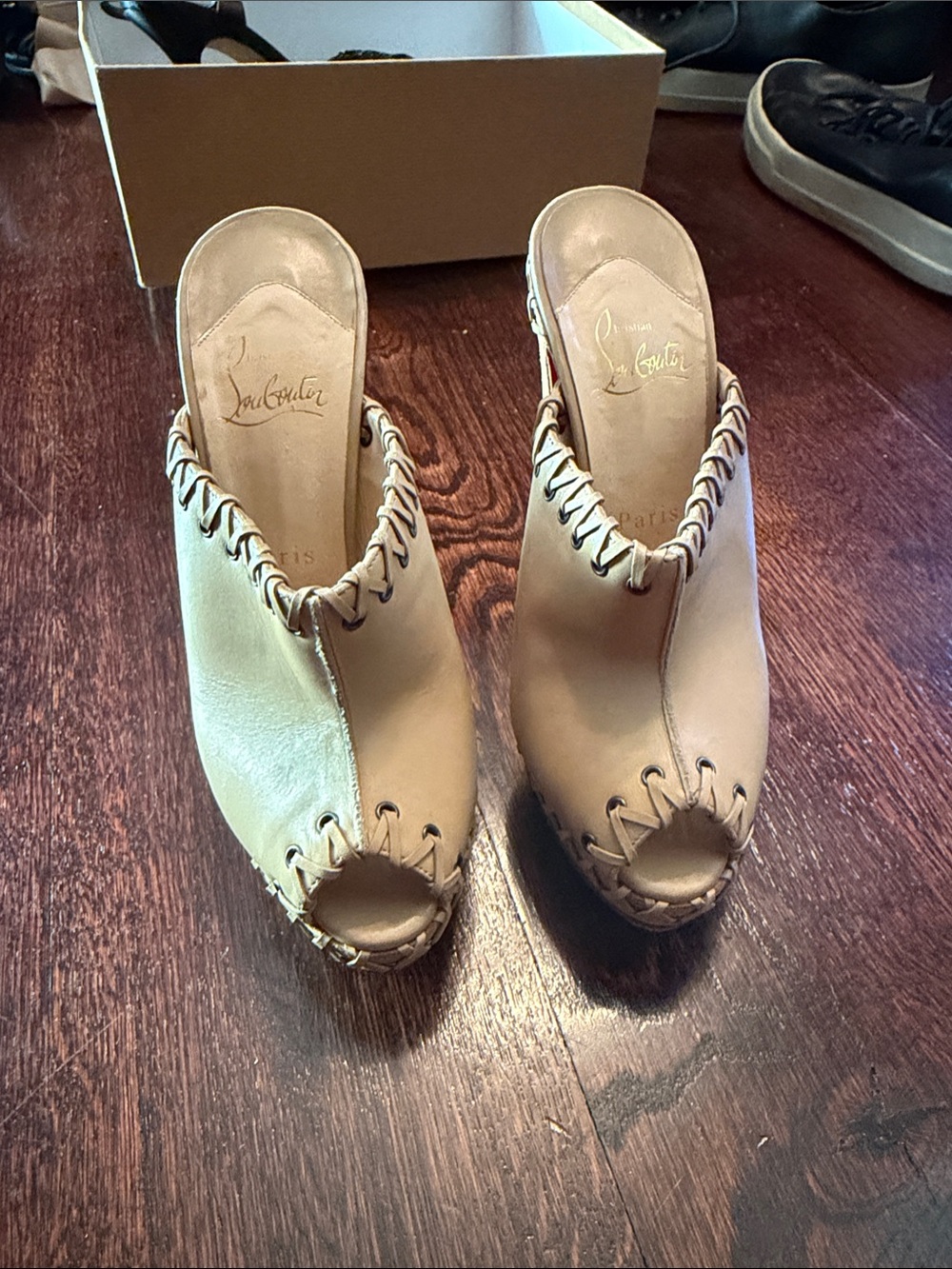 Christian Louboutin Tan Leather Peep-Toe Mules with Whipstitch Trim
